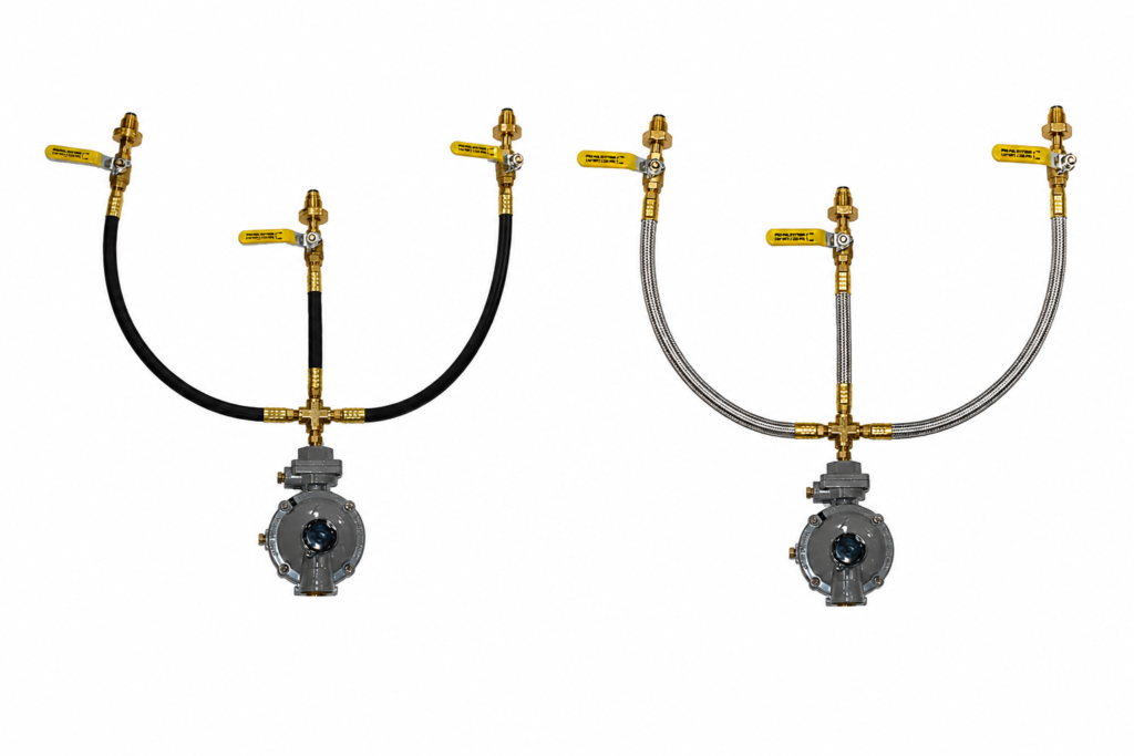 2, 3 & 4 Tank Propane Manifold with Dual Stage Regulator — Rubber or Stainless Steel Hose Options